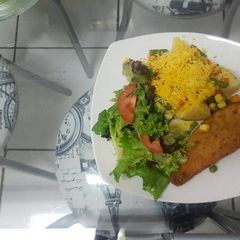 Baked veggies potato spud and salad A picture of Baked veggies potato spud and salad.
