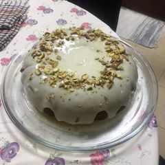 A picture of Chocolate cake with cream 😋 made by my khala.