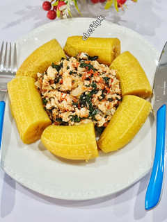 A picture of Boiled Plantain with vegetable eggs sauce 😋.