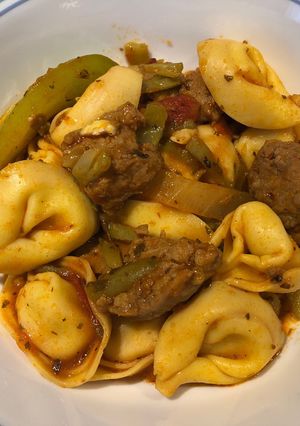 A picture of Tortellini with Hot Italian Sausage and Green Beans.