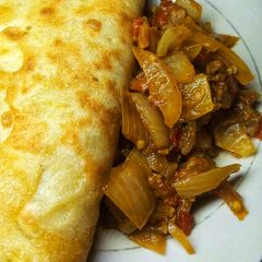 A picture of Pancake and sauce.