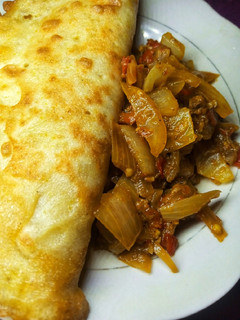 A picture of Pancake and sauce.