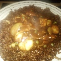 A picture of Chicken Curry with Egg Fried Rice.