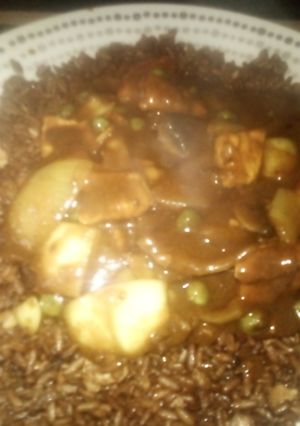A picture of Chicken Curry with Egg Fried Rice.