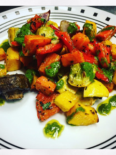 A picture of Autumn Roasted Vegetables with Chimichurri Sauce.