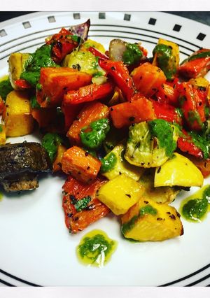 A picture of Autumn Roasted Vegetables with Chimichurri Sauce.