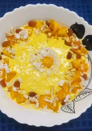 A picture of Chilled Himsagar Mango Coconut Rice Kheer or Pudding.