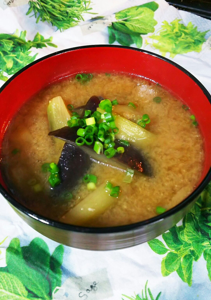 A picture of Delicious! Miso Soup with Stir-Fried Eggplant in Sesame Oil.