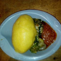 A picture of Eba and Okro soup with Left over stew.
