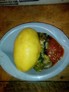 A picture of Eba and Okro soup with Left over stew.