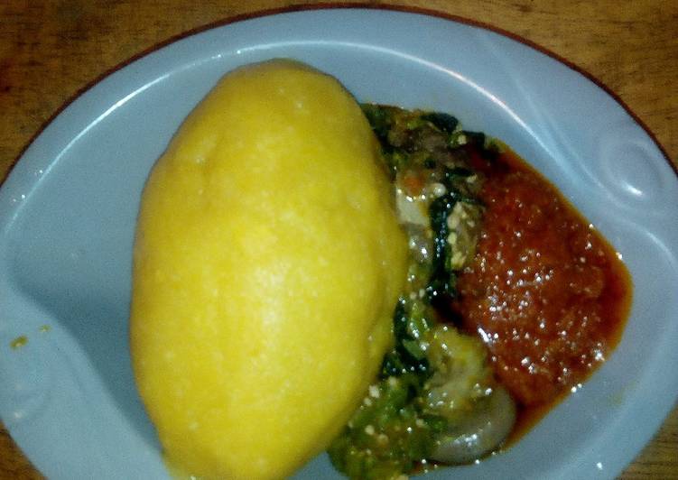 Eba and Okro soup with Left over stew