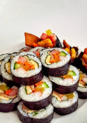 A picture of Kimbap (Korean seaweed rice rolls).