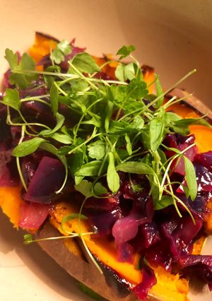 A picture of Sweet potato and red cabbage - vegan option.