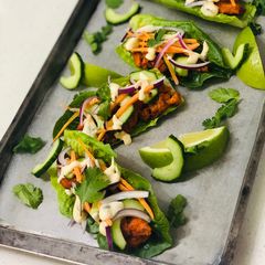 Tandoori Chicken Shawarma In Lettuce Cups A picture of Tandoori Chicken Shawarma In Lettuce Cups.