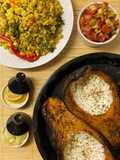 Oven baked pumpkin with Afghan style garlic yogurt sauce (with Moroccan style couscous)