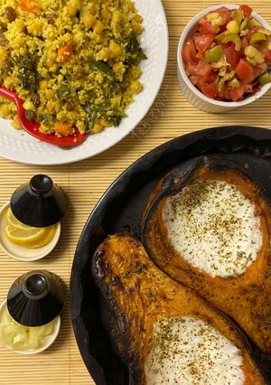 Oven baked pumpkin with Afghan style garlic yogurt sauce (with Moroccan style couscous) রেসিপির প্রধান ছবি