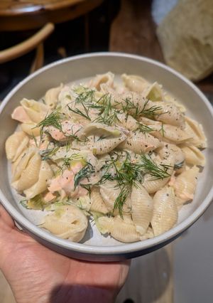 A picture of Creamy Lemon Salmon Pasta.