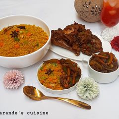 A picture of Stir fry veggies couscous with vegetables palm oil sauce.