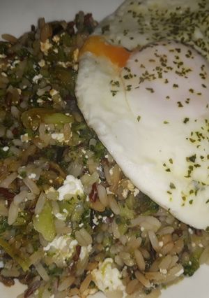 A picture of Rice with Broccoli, Fresh Cheese, and Egg.