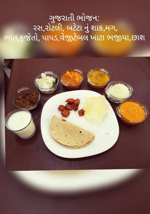 A picture of Rotli,bateta nu shaak,Moong,Keri no Ras,fajeto,rice,chass(buttermilk).