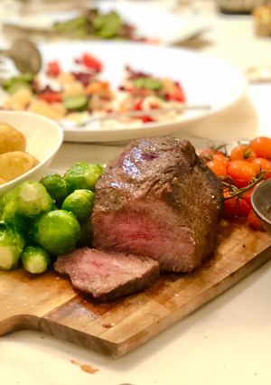 A picture of Australian Wagyu Oyster Blade/Flat Iron Steak with porcini mushroom sauce.