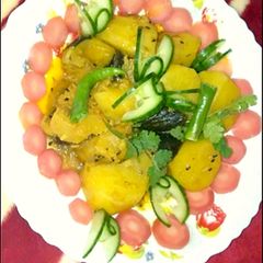 A picture of Lambi began and Patato Achari mazedar salan.