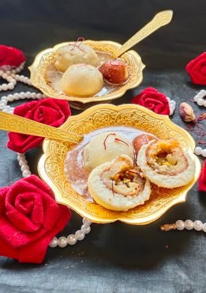 A picture of Double meetha(dryfruits stuffed gulabjamun stuffed rasgulla).