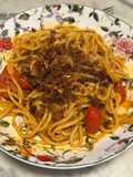 Skillet Spaghetti with Anchovies, Sweet Pepper, and Cherry Tomatoes