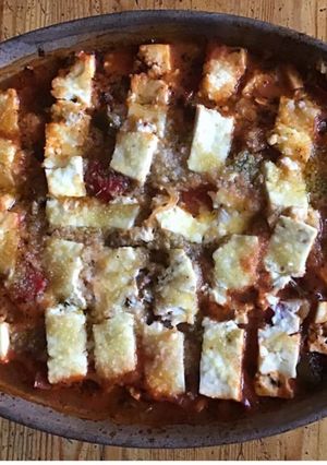 Une photo de Gratin de poivrons verts et rouges cabillaud et feta