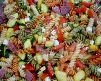 Fresh, Serving Recipe Pasta salad with feta cheese and salami Practical Delicious