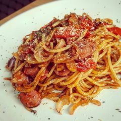 A picture of Napolitan Japanese Spaghetti with Chicken Sausage.