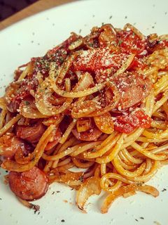A picture of Napolitan Japanese Spaghetti with Chicken Sausage.