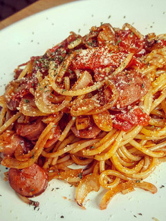 A picture of Napolitan Japanese Spaghetti with Chicken Sausage.