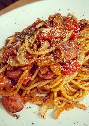 A picture of Napolitan Japanese Spaghetti with Chicken Sausage.