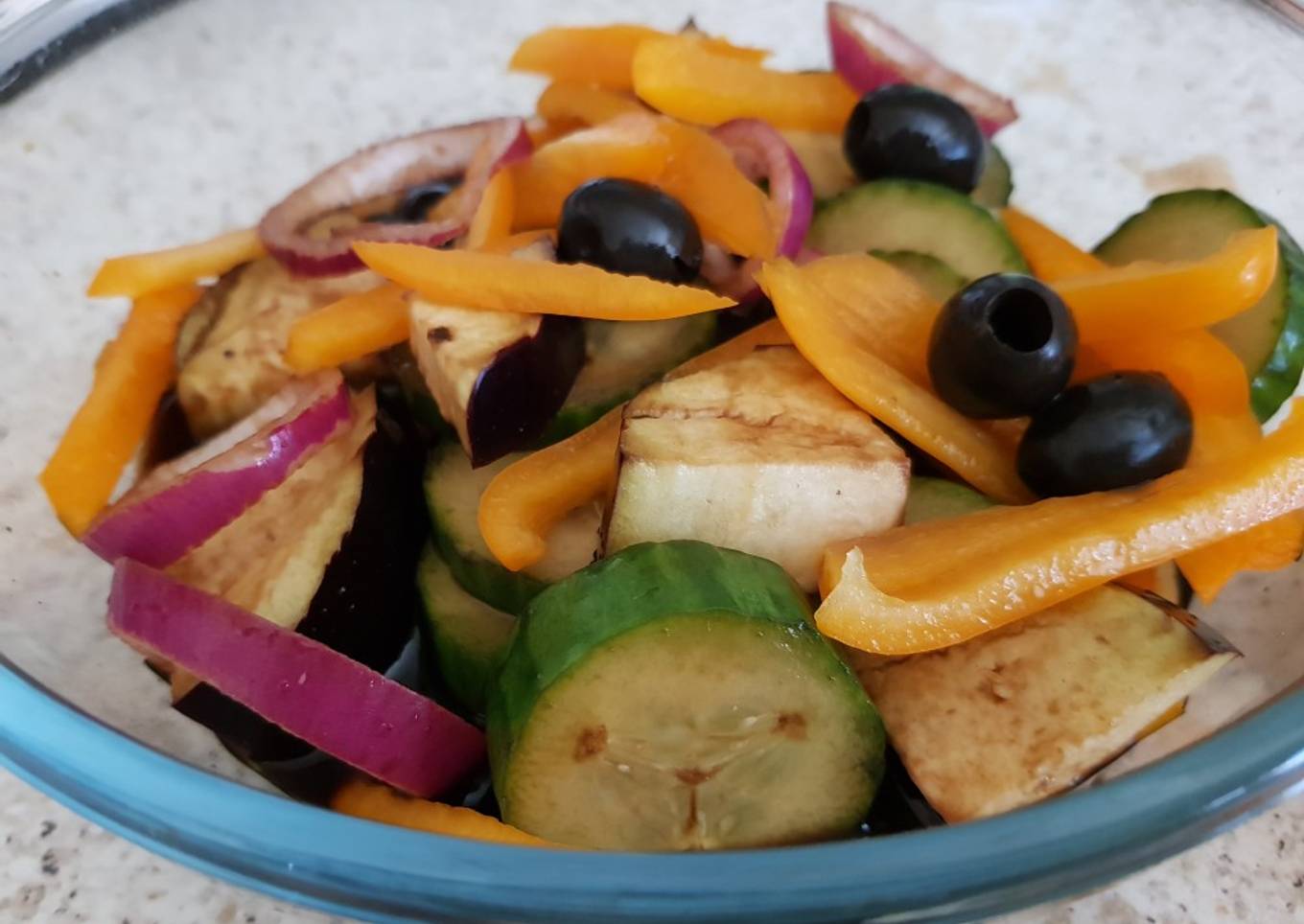Cucumber,Red onion Aubergine in Balsamic Vinegar and lime juice