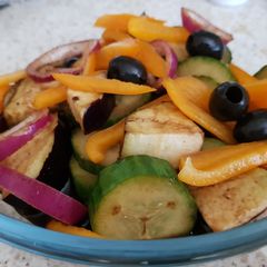 A picture of Cucumber,Red onion Aubergine in Balsamic Vinegar and lime juice.