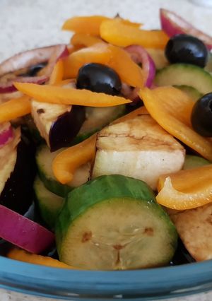 A picture of Cucumber,Red onion Aubergine in Balsamic Vinegar and lime juice.