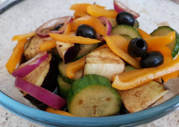 Cucumber,Red onion Aubergine in Balsamic Vinegar and lime juice