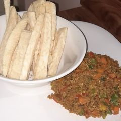 Fried yam with minced meat source A picture of Fried yam with minced meat source.