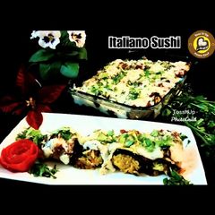 A picture of Italiano Sushi Or Aubergine Rolls.