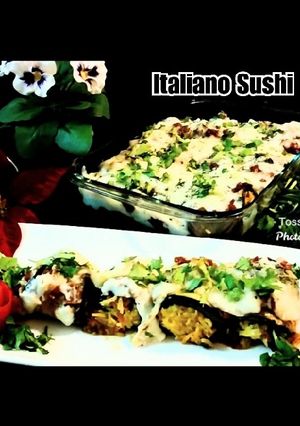 A picture of Italiano Sushi Or Aubergine Rolls.