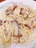 Spaghetti Carbonara Jay, Veganสปาเก็ตตี้คาร์โบนาร่า เห็ดหอม หมูกรอบ เจ, วีแกน