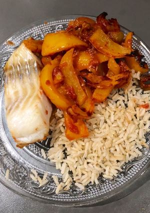 Une photo de Cabillaud et compote de poivrons