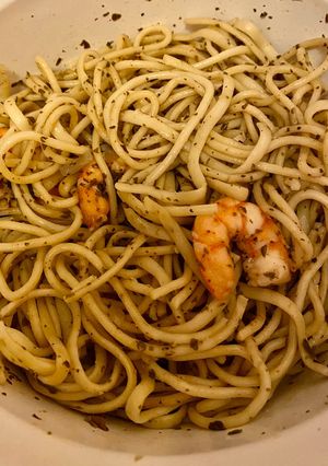 Foto resep Spaghetti pesto/ Shrimp pesto pasta