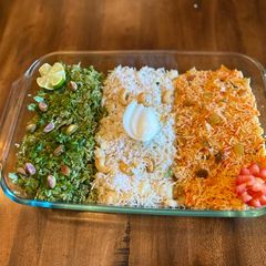 A picture of Tiranga Pulao (Tri-color rice).