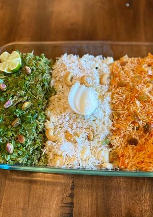A picture of Tiranga Pulao (Tri-color rice).