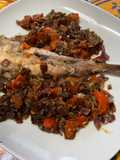 Monkfish Tail with Red Onion and Orange Tomatoes