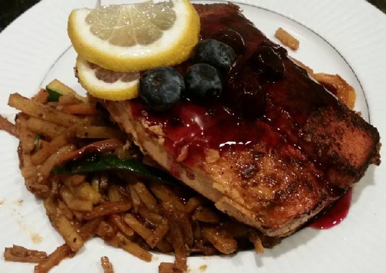 Recipe of Ultimate Brad&#39;s blackened salmon with blueberry balsamic reduction