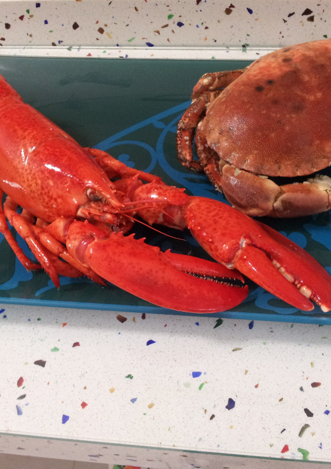 Una foto de Bogavante y buey de mar cocidos