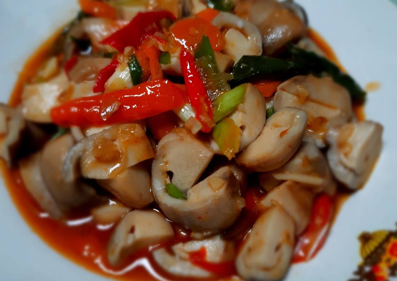 Tumis jamur merang pedas manis